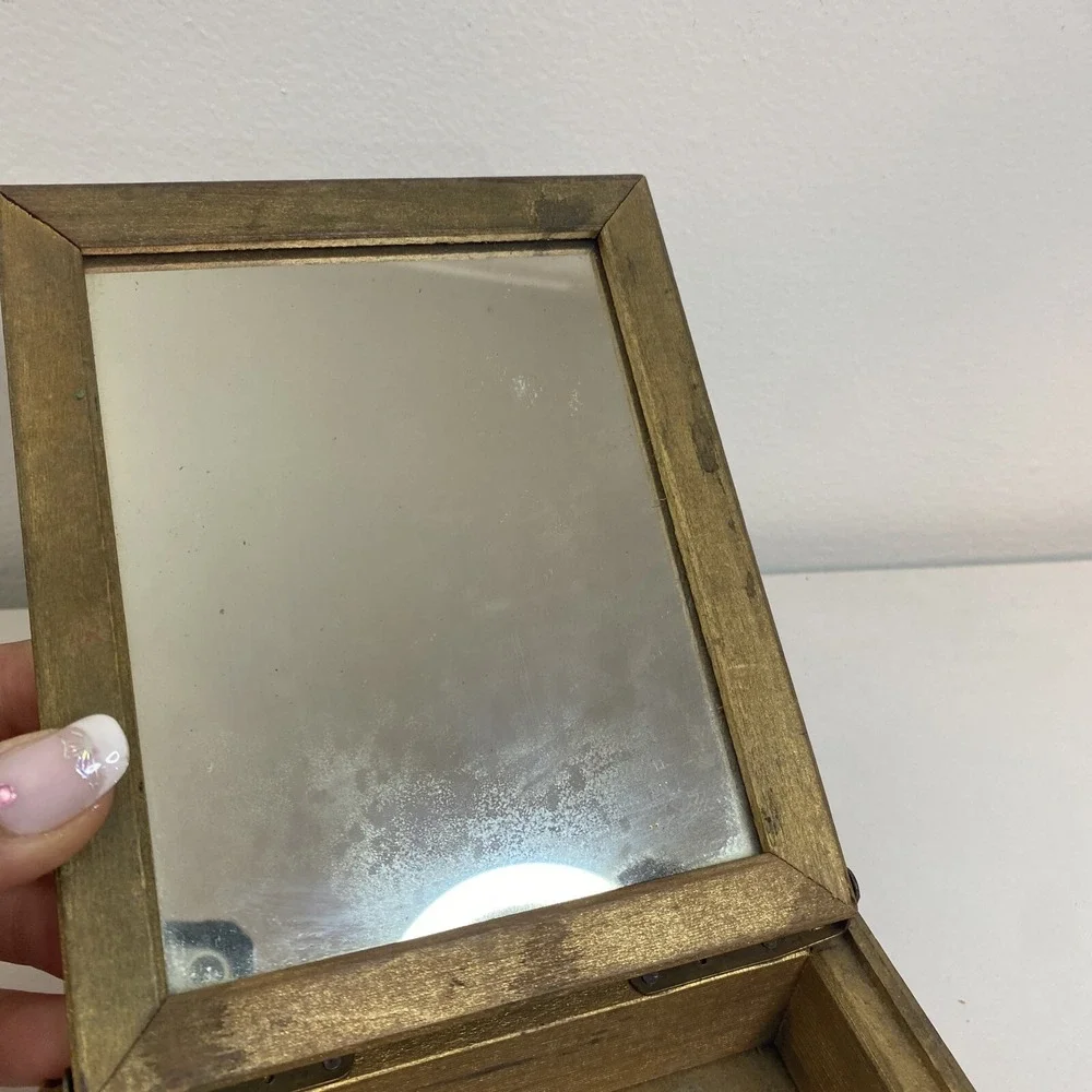 Vintage Wood Vanity Dresser Gold Jewelry Box Mirror 5x6